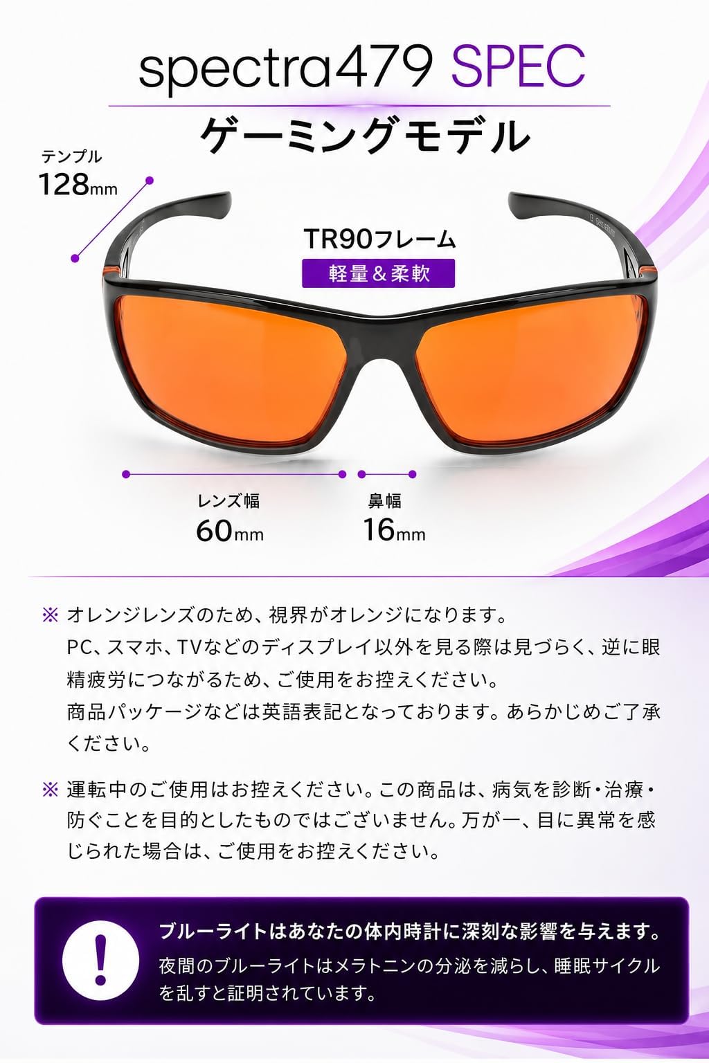 Spectra479 99.9% ブルーブロッキング アンバーグラス 睡眠用